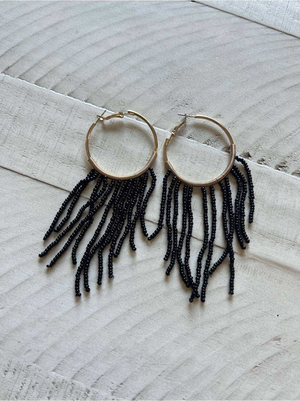 Gold Hoop Fringe Earrings with Black Seed Beads